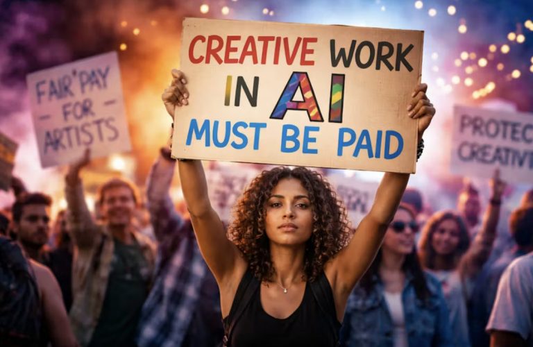 AI-generated image of a protester holding a sign labeled: “Creative Worin in AI must be paid”